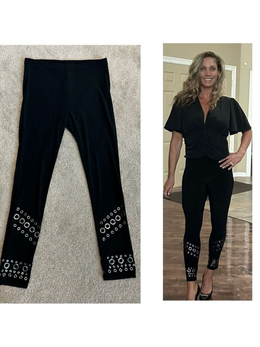 Joseph Ribkoff black grommet embellished ankle length legging pants pull-on Sz 4